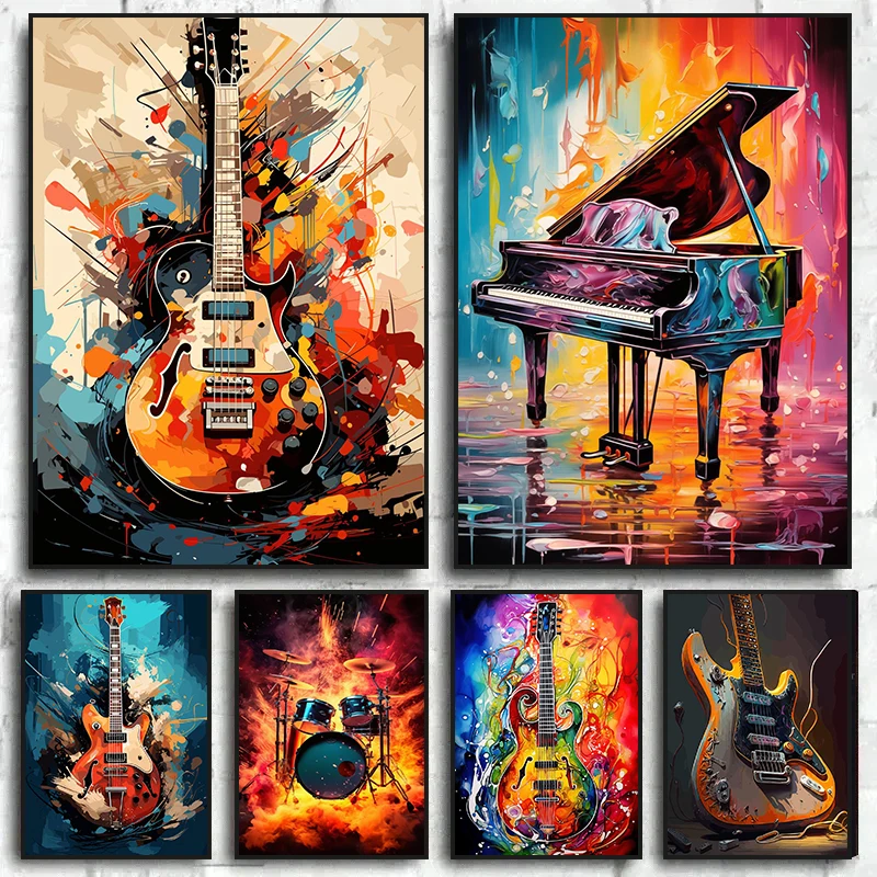 Picture Of Musical Instrument - Abstrakte Farbenfrohe Kunst Musikinstrumente Schlagzeug Gitarre